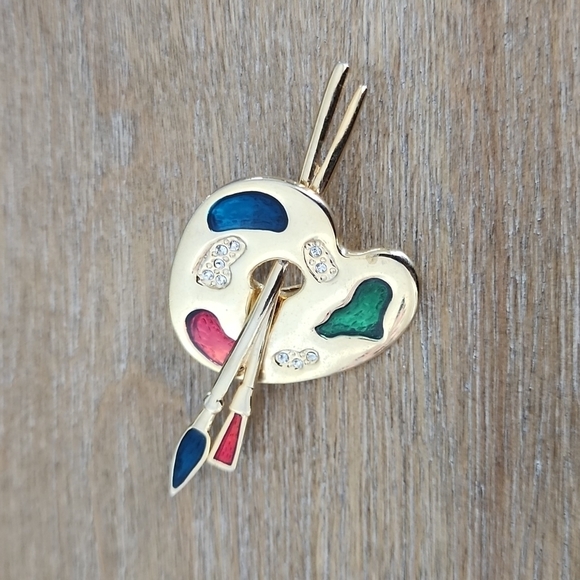 Vintage Painter’s Palette Brooch – Enamel & Rhinestone Accents - Picture 2 of 4